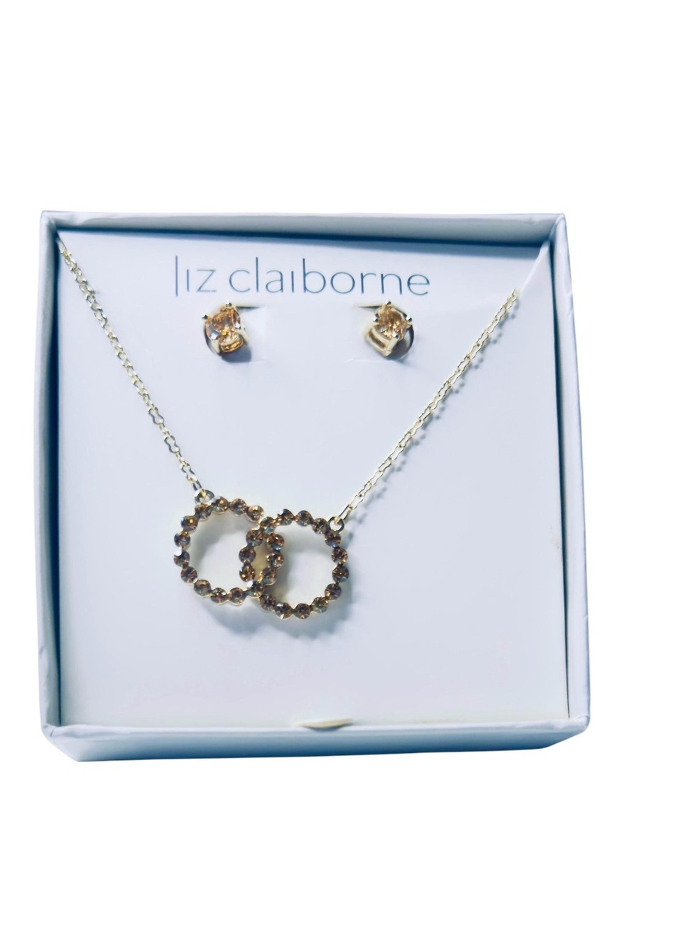 Liz Claiborne Topaz Double Ring Necklace & Stud Earrings NIB